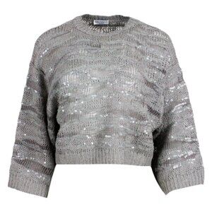 Brunello Cucinelli SS/22 Grey Sequin-Embellished Knitted Cropped Jumper